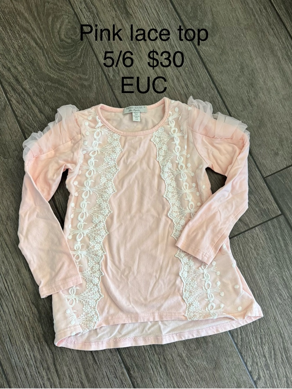 Girls Pink Lace-Trim Long Sleeve Top - Size 5/6